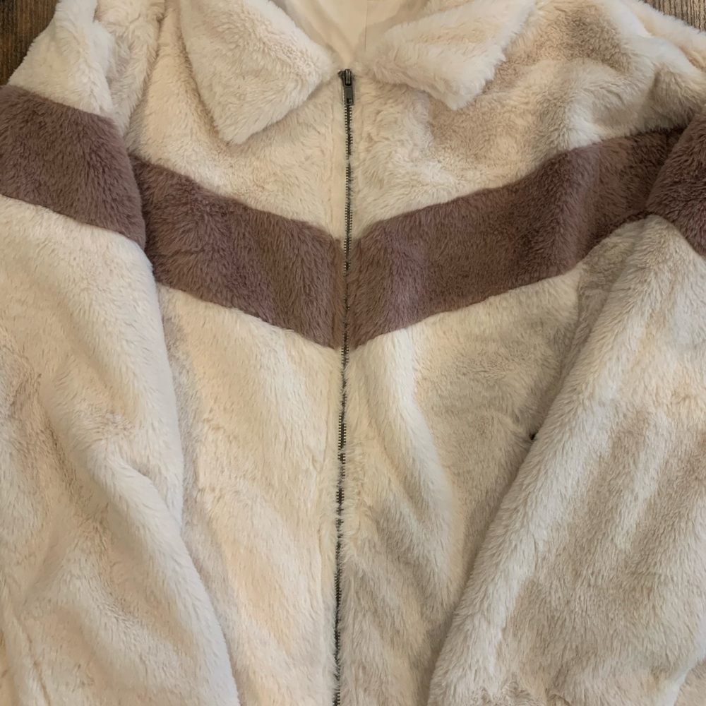 Women's Cream and dusty rose Faux Fur Jacket